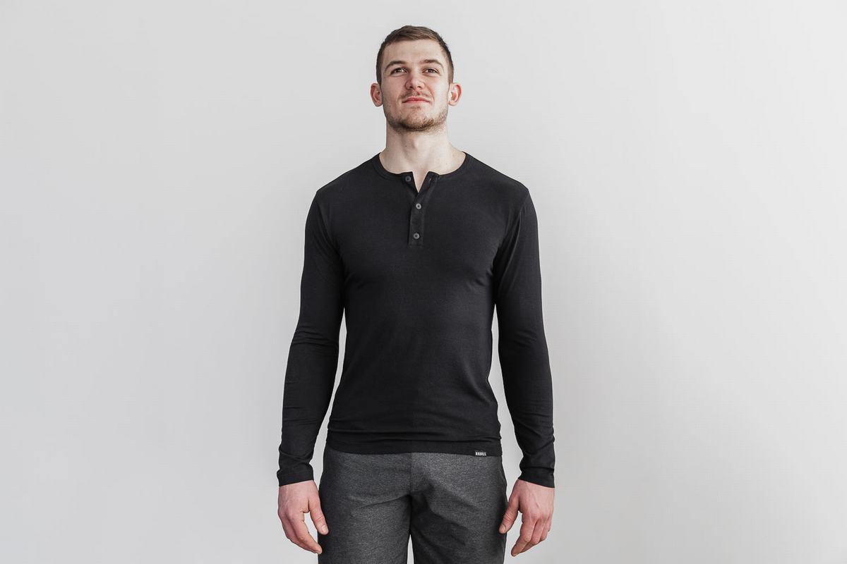 Nobull Lightweight Henley Men\'s Long Sleeves Black | Australia (IZ9153)